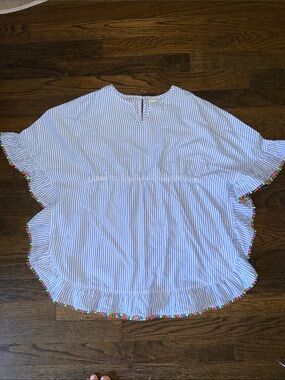Girls Blue & White Striped Mini Boden Pom-Pom Beach Cover Up